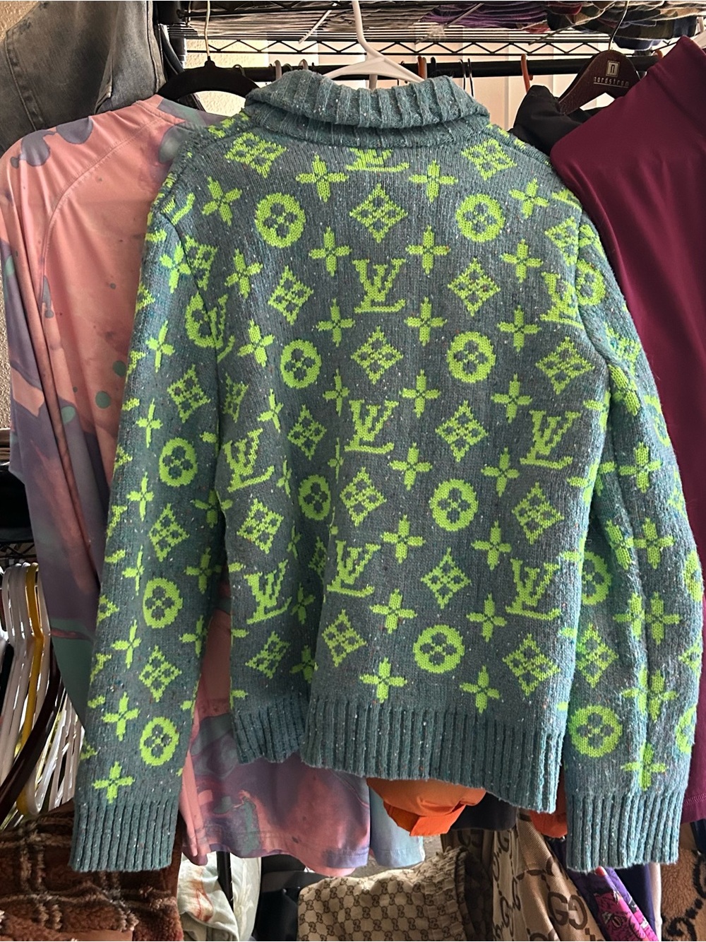 Louis Vuitton mens' neon Green & Aqua Logo Knit Cardigan Jacket - Picture 2 of 9